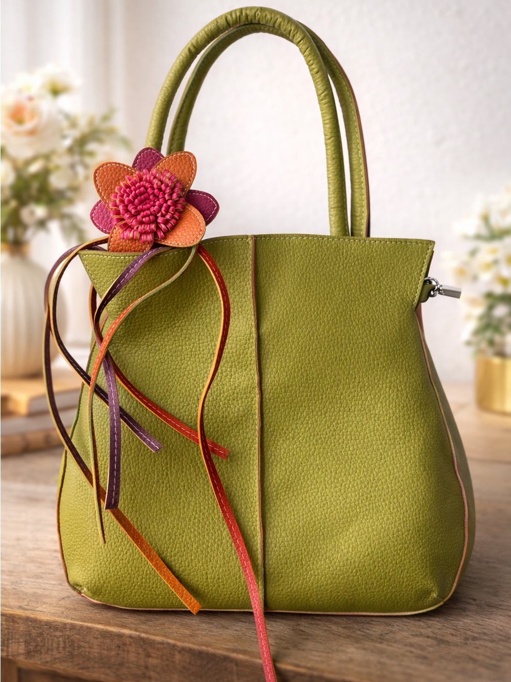 Mellow World Green Pebbled Leather Floral Charm Small Handbag Purse
